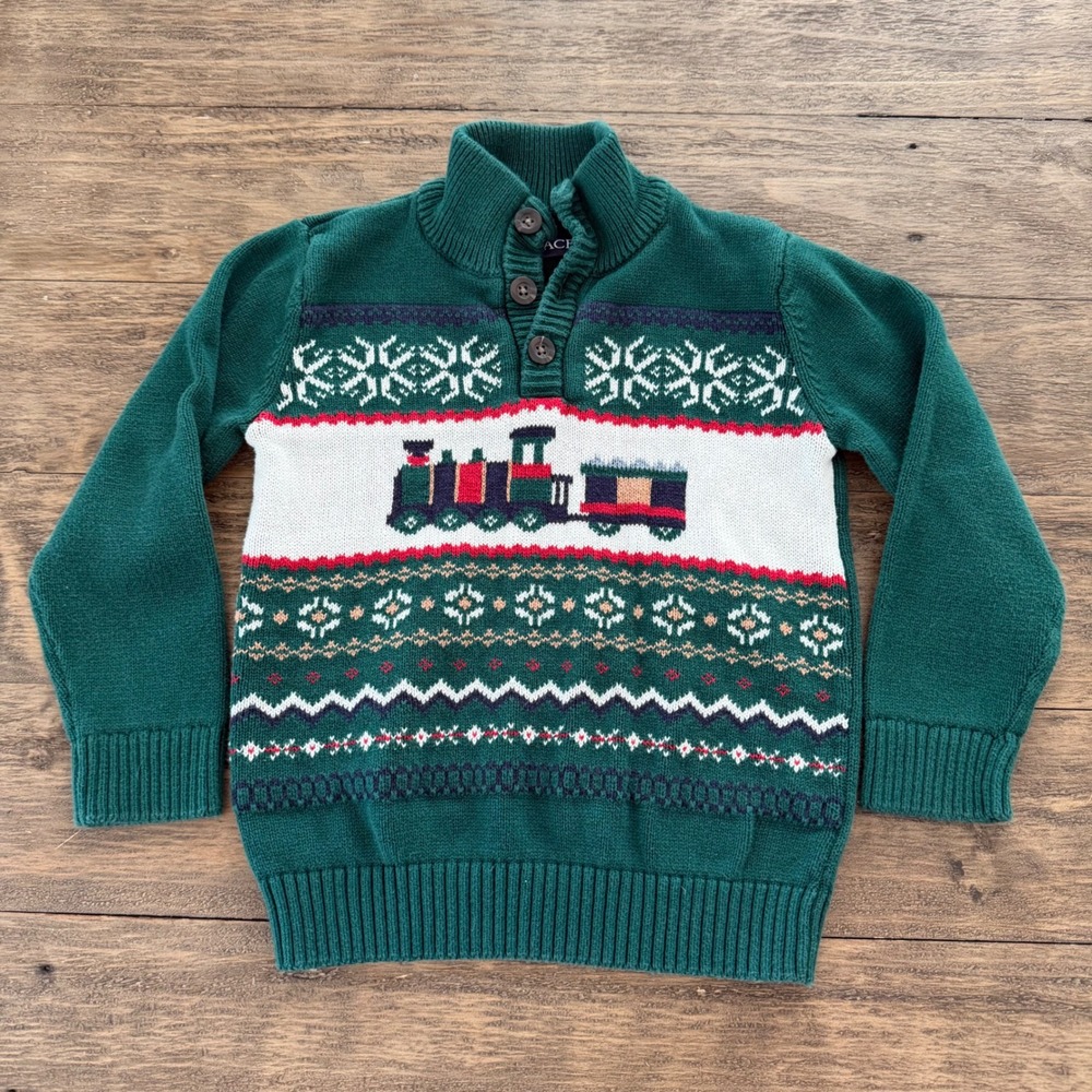 The Children's Place Boys 4T Green Train Fair Isle Button Mock Neck Sweater